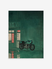 Vintage teal motorcycle parked on a wet street outside a Japanese shop with red neon signs at night