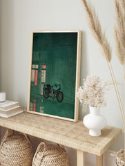 Vintage teal motorcycle parked on a wet street outside a Japanese shop with red neon signs at, in an alternate framed mockup