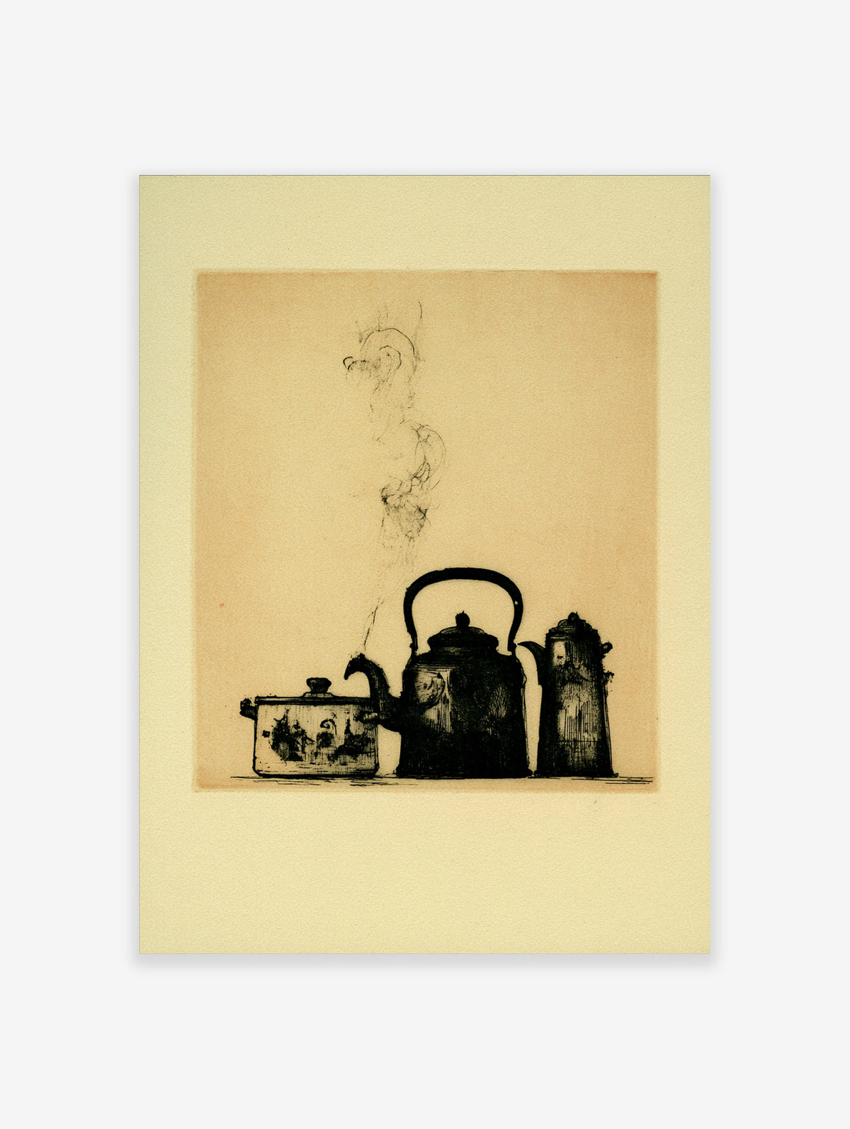 Vintage teapot still life poster with steaming kettle, lidded pot and coffee pot on tan background