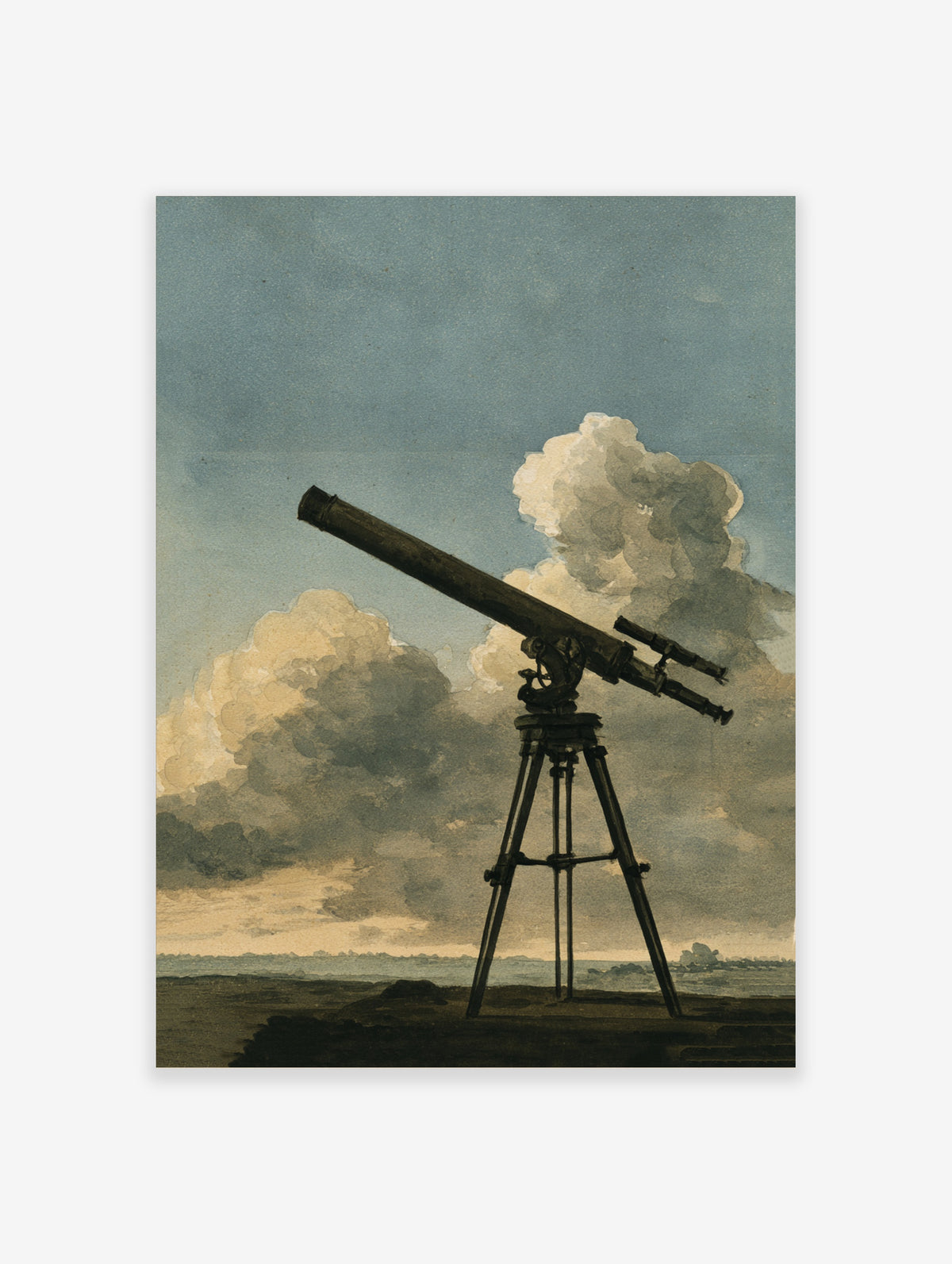 Vintage telescope illustration on a tripod against a cloudy sky, astronomical art print
