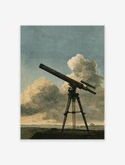 Vintage telescope illustration on a tripod against a cloudy sky, astronomical art print