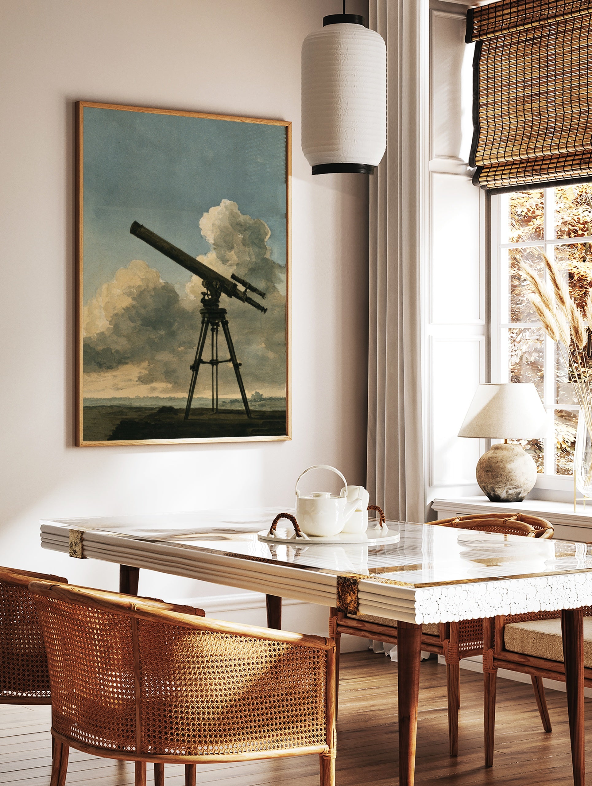 Vintage telescope illustration on a tripod against a cloudy sky, astronomical art print, in a styled room mockup