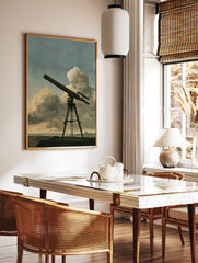 Vintage telescope illustration on a tripod against a cloudy sky, astronomical art print, in a styled room mockup