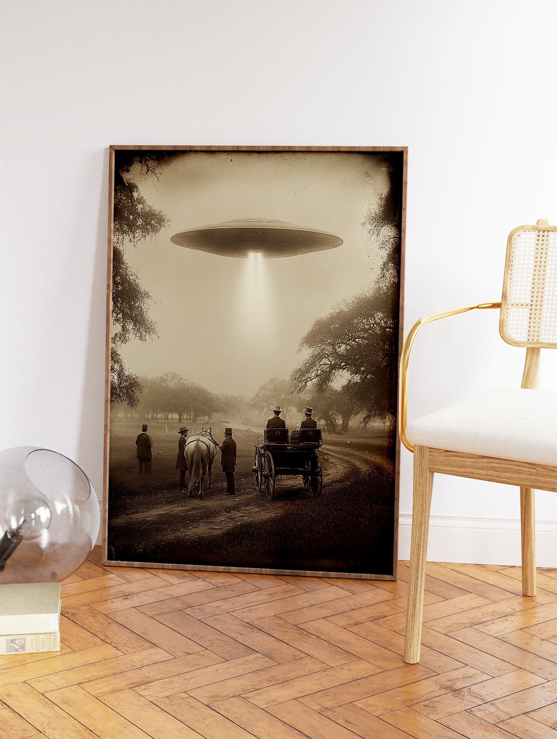 Sepia-toned vintage UFO wall art showing men and a horse-drawn carriage observing a flying saucer with a light beam. - Image 2