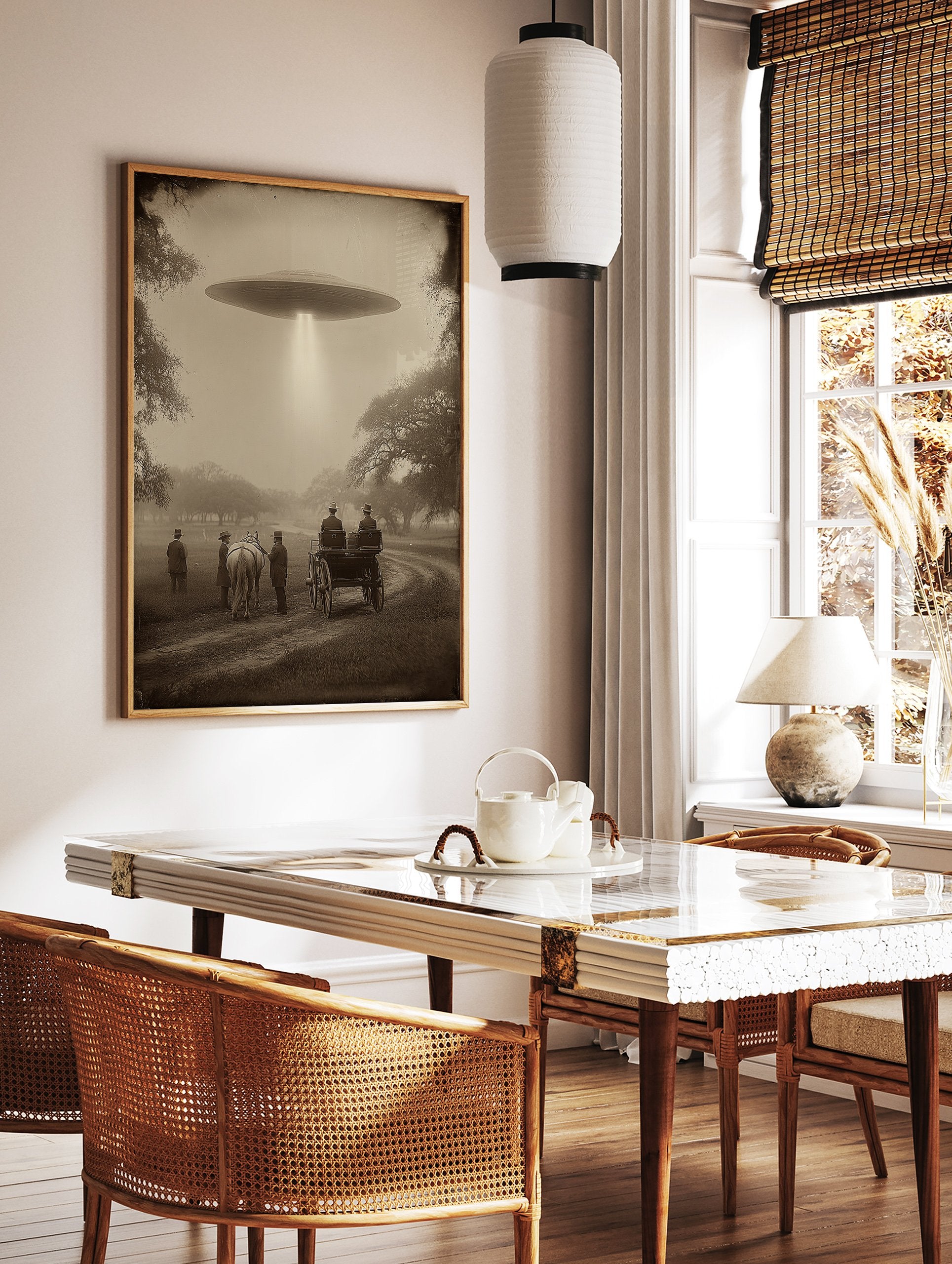 Sepia-toned vintage UFO wall art showing men and a horse-drawn carriage observing a flying saucer with a light beam. - Image 3