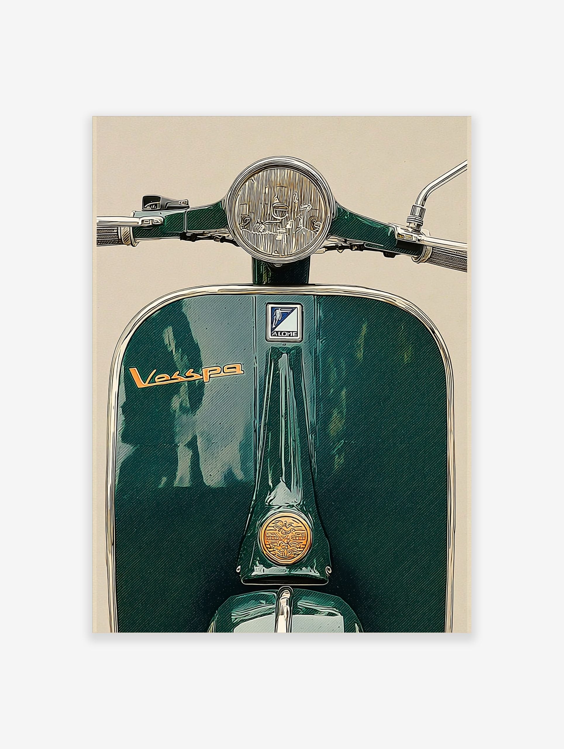 Close-up of a vintage deep green Vespa scooter, front view, with chrome handlebars and 'Vespa' logo