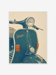 Illustrative vintage blue-green Vespa scooter wall art print with headlight and 'Vespa' logo