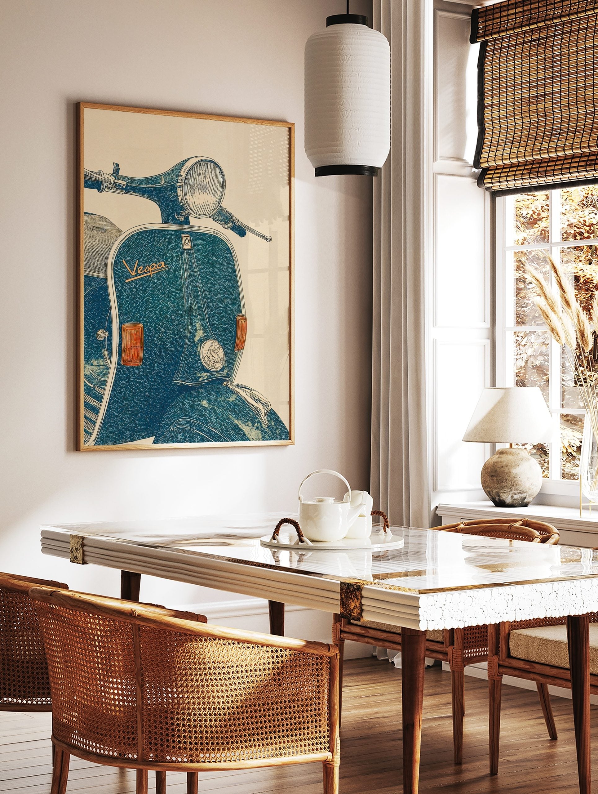 Illustrative vintage blue-green Vespa scooter wall art print with headlight and 'Vespa' logo, in a styled room mockup