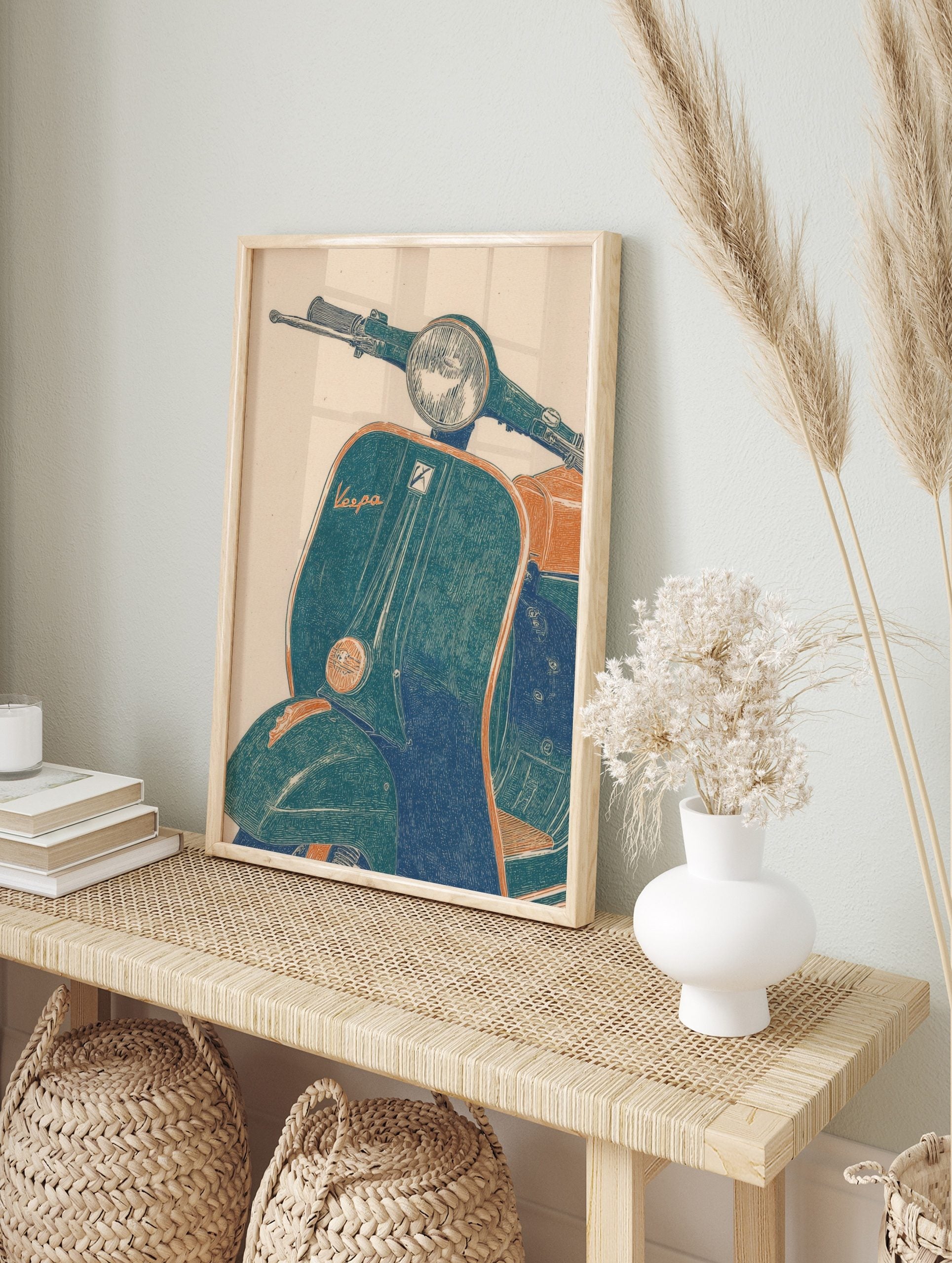 Vintage Vespa scooter illustrative art print in teal and orange with 'Vespa' script and, in an alternate framed mockup