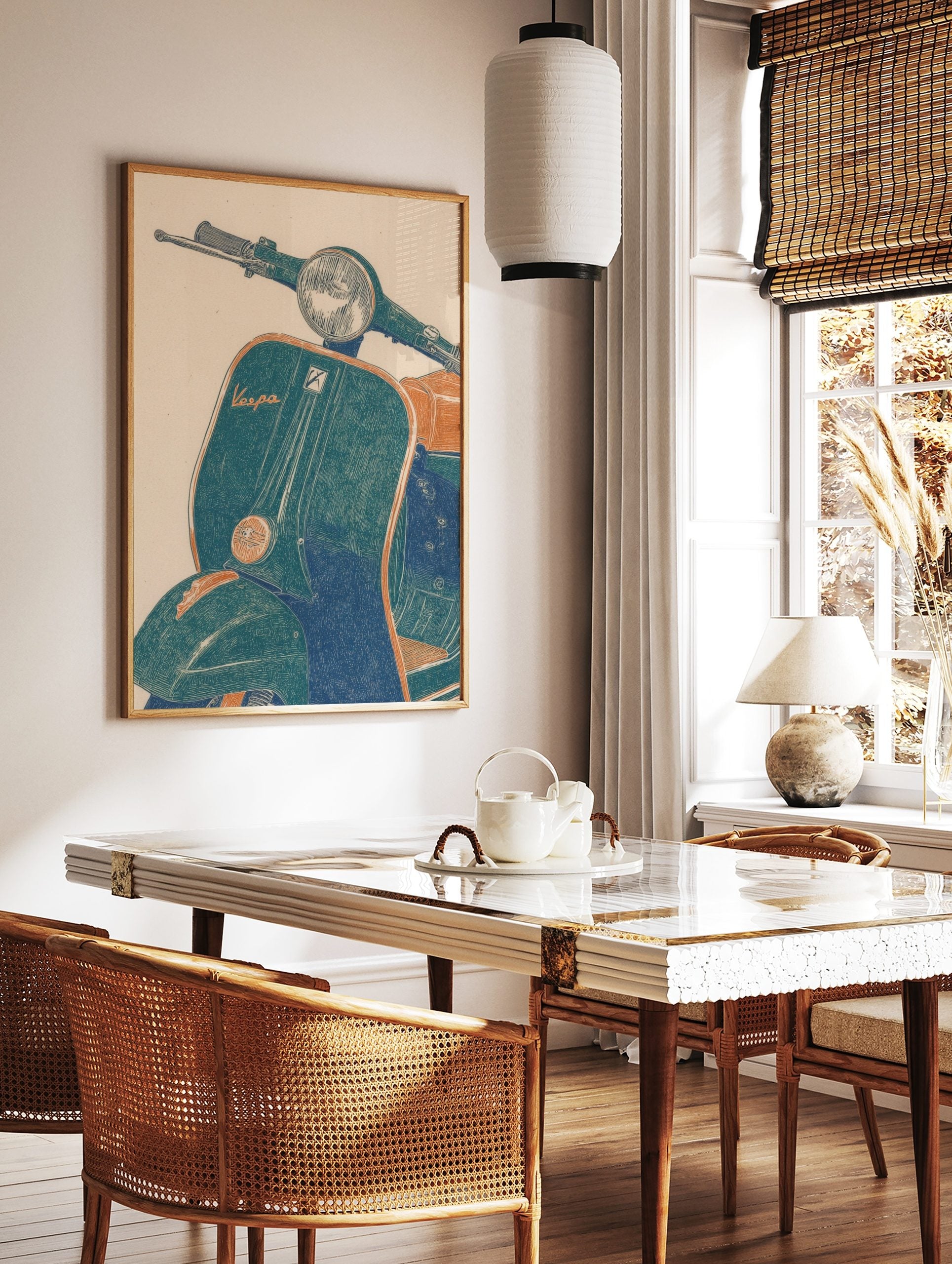 Vintage Vespa scooter illustrative art print in teal and orange with 'Vespa' script and headlight, in a styled room mockup