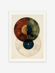 Minimalist vinyl record wall art print with vibrant red, yellow, blue and green geometric sections on white background