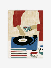 Illustrative art print of a person holding a tea cup and touching a vinyl record on a blue turntable with red clothing