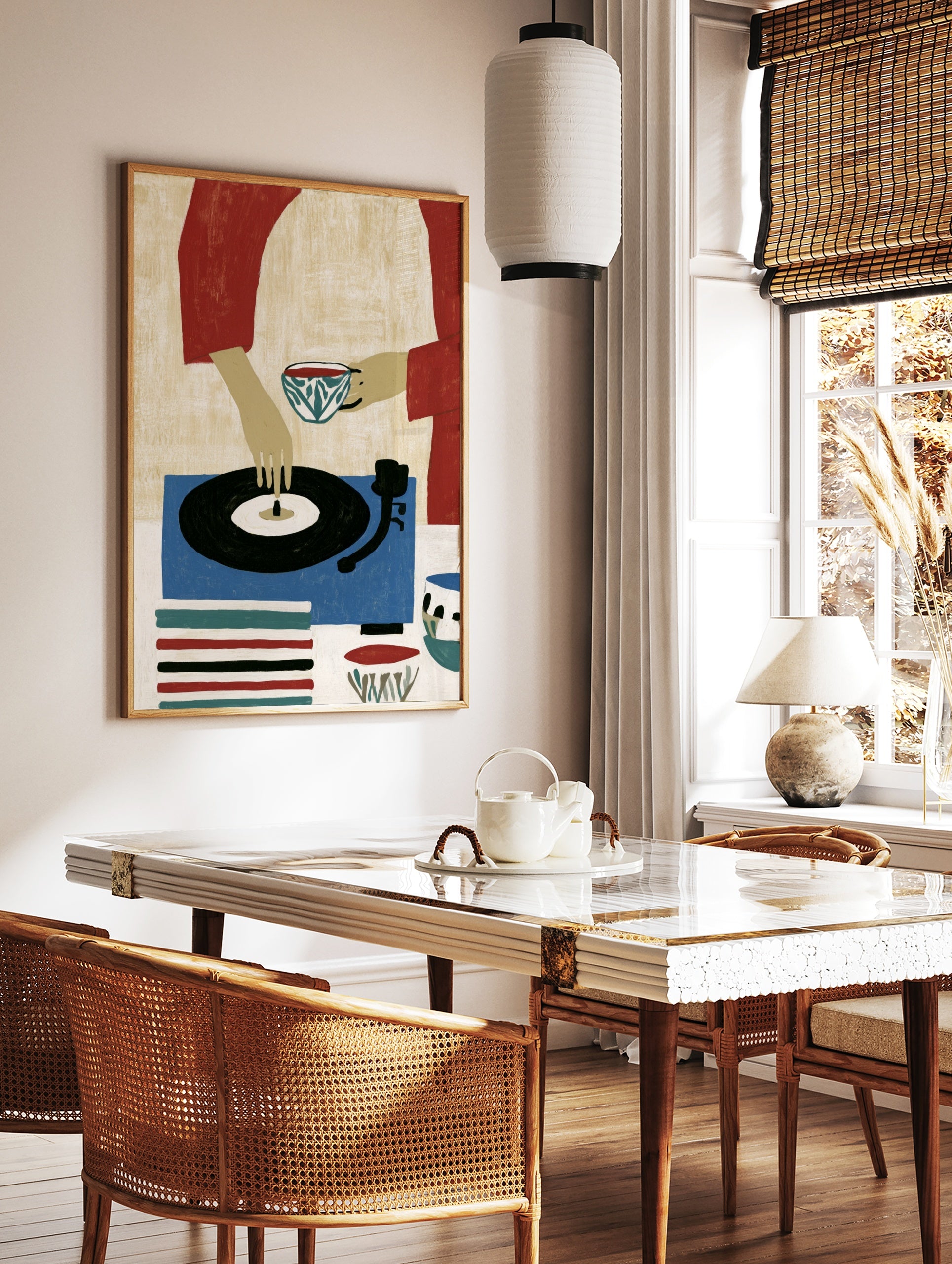 Illustrative art print of a person holding a tea cup and touching a vinyl record on a blue, in a styled room mockup