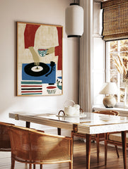 Illustrative art print of a person holding a tea cup and touching a vinyl record on a blue, in a styled room mockup