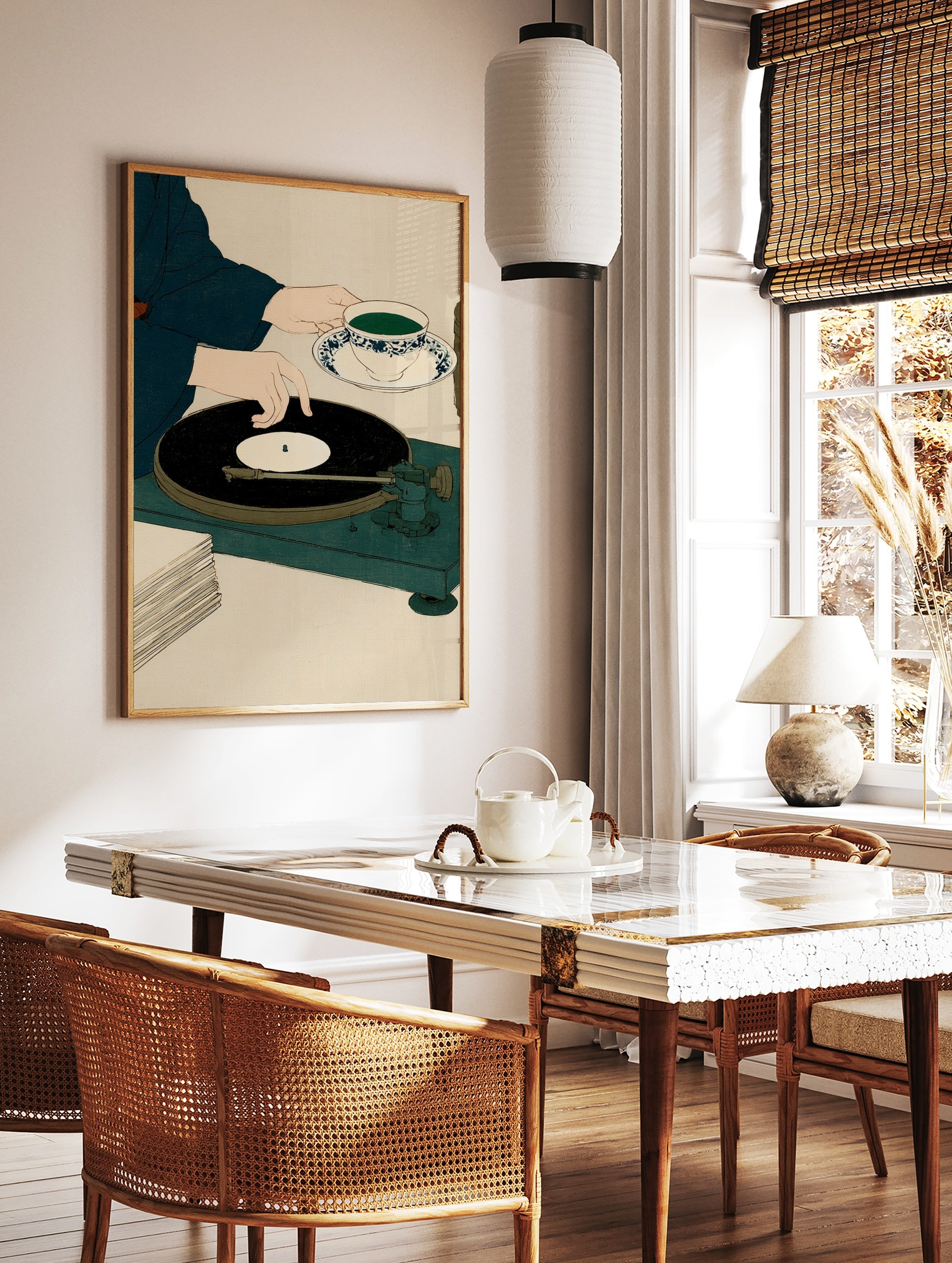 Minimalist illustration of a person handling a vinyl record on a turntable while holding a cup of, in a styled room mockup