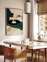 Minimalist illustration of a person handling a vinyl record on a turntable while holding a cup of, in a styled room mockup