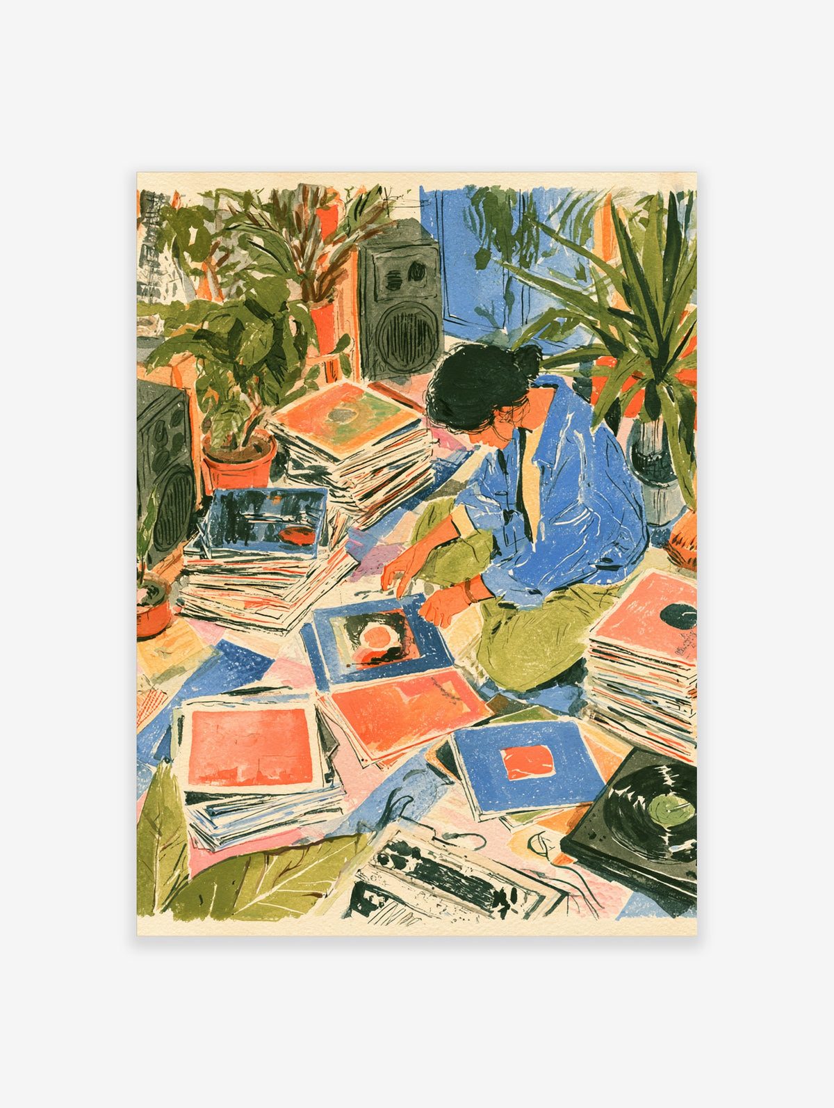 Colourful illustration of a person kneeling among vinyl records, plants, a speaker, and a turntable