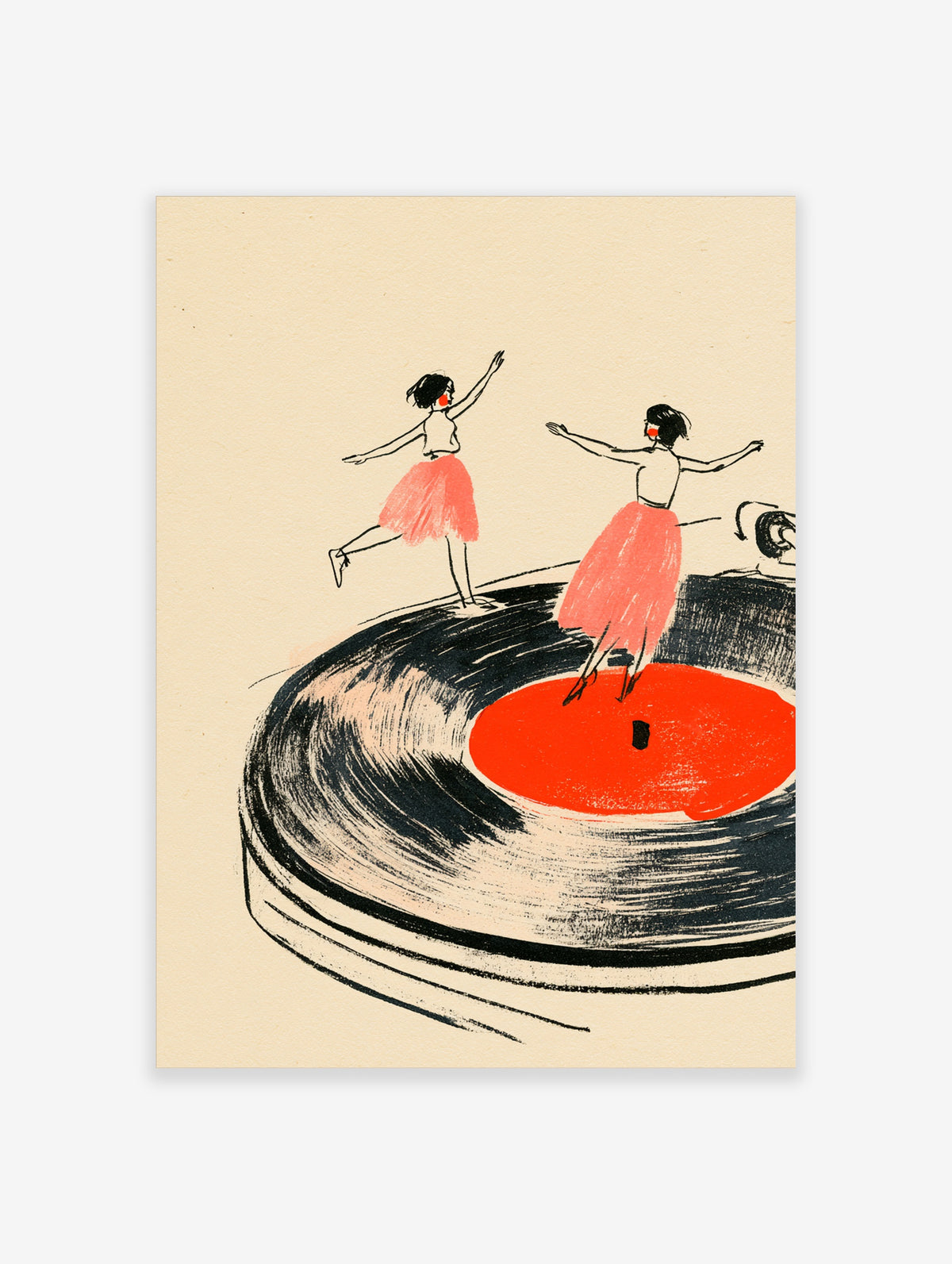 Two dancers in pink skirts on a black vinyl record with red centre label, retro music poster