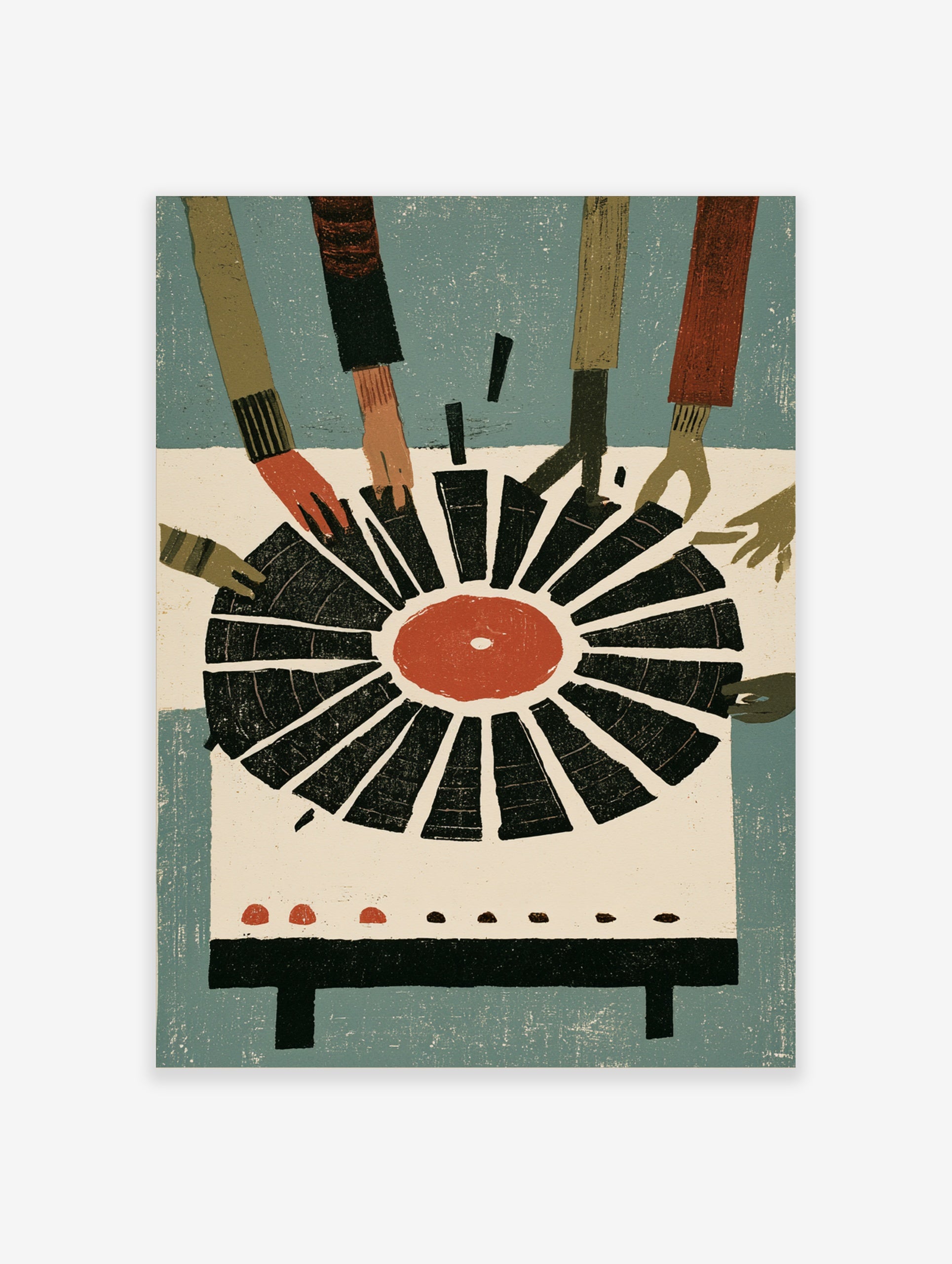 Illustrative print of hands reaching for a vinyl record with a red centre against a blue background