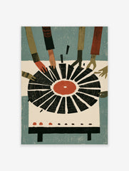 Illustrative print of hands reaching for a vinyl record with a red centre against a blue background