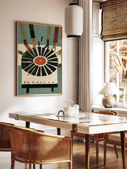 Illustrative print of hands reaching for a vinyl record with a red centre against a blue background, in a styled room mockup