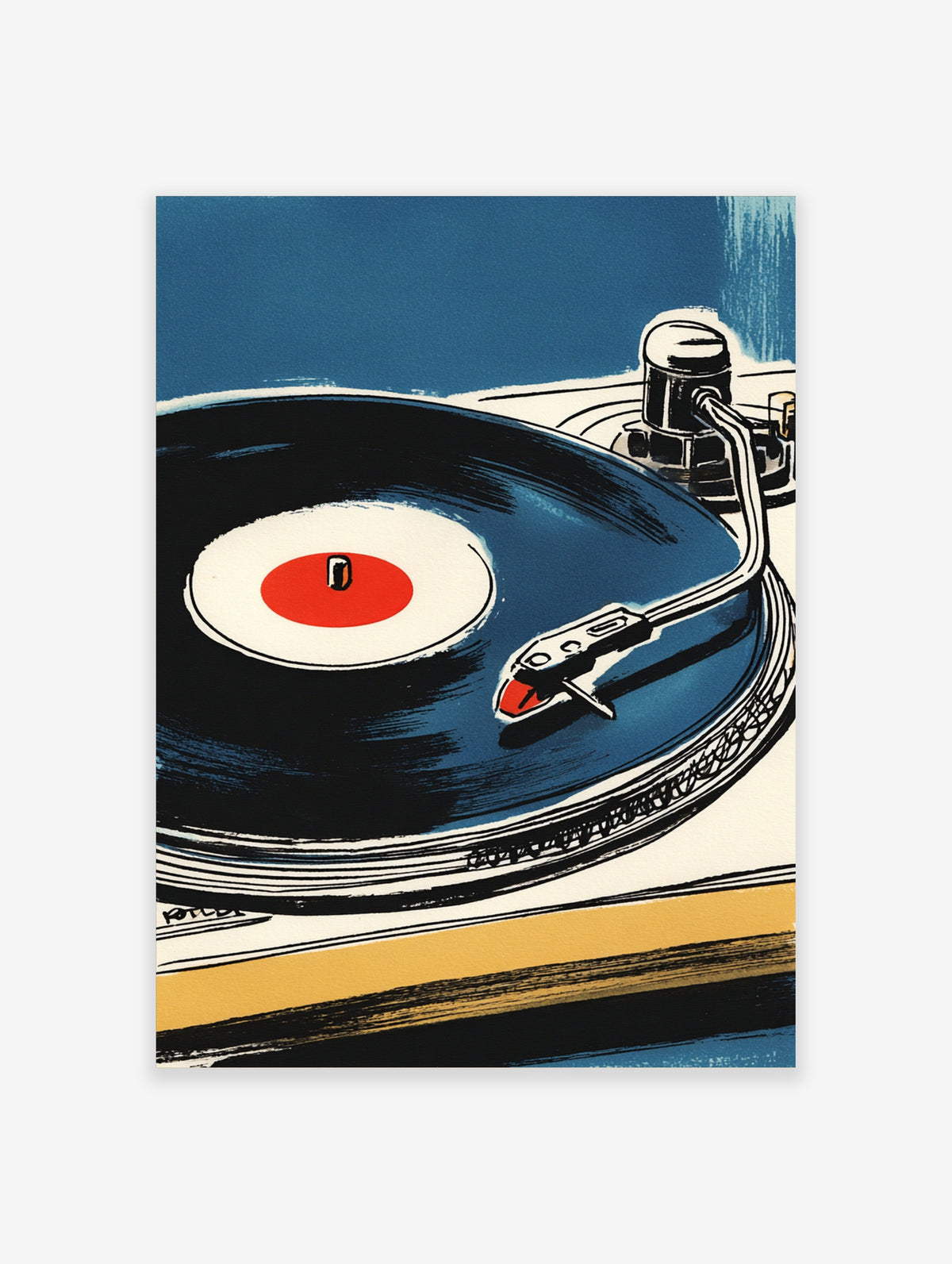 Vinyl record player poster with black turntable, red label, silver tonearm, and blue background