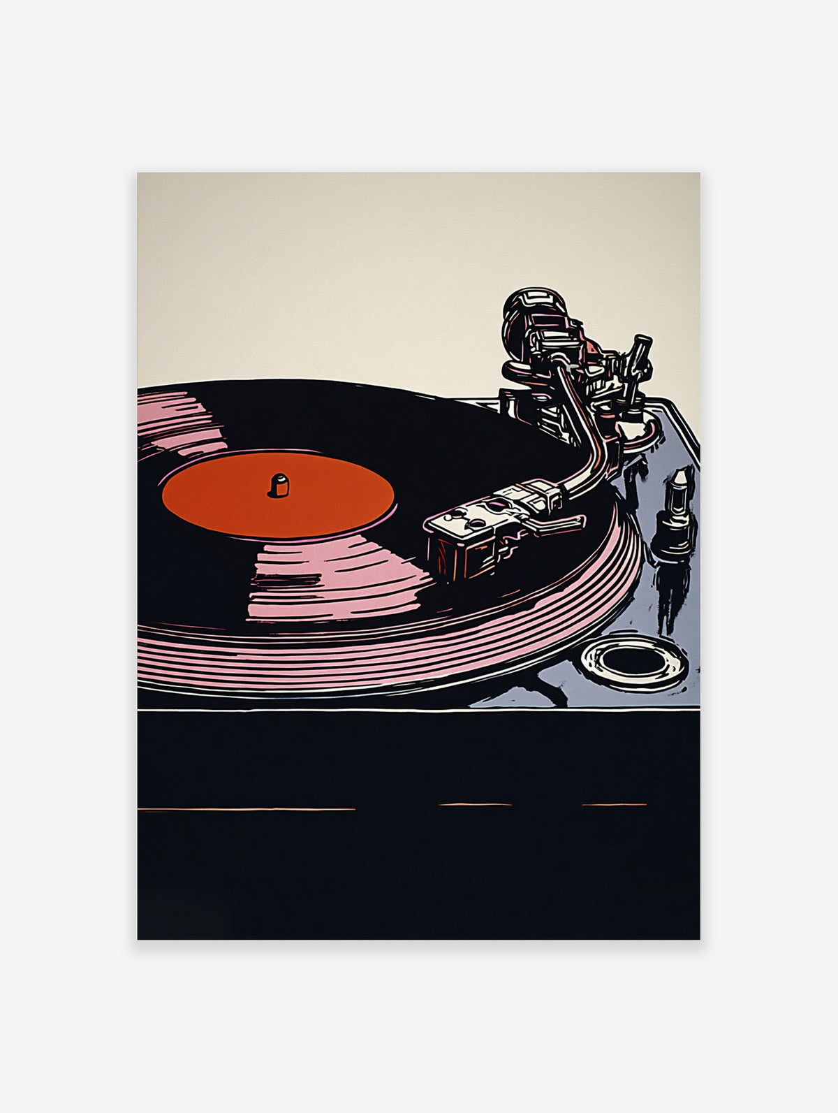 Retro turntable poster with black vinyl record, orange centre label, and pink highlights