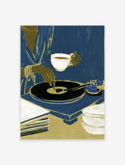 Modern illustration of a person with a teacup and vinyl record player in blue and gold tones on a paper print