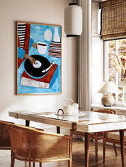 Illustrative art print of a person using a vinyl record player with a coffee cup and stacked, in a styled room mockup