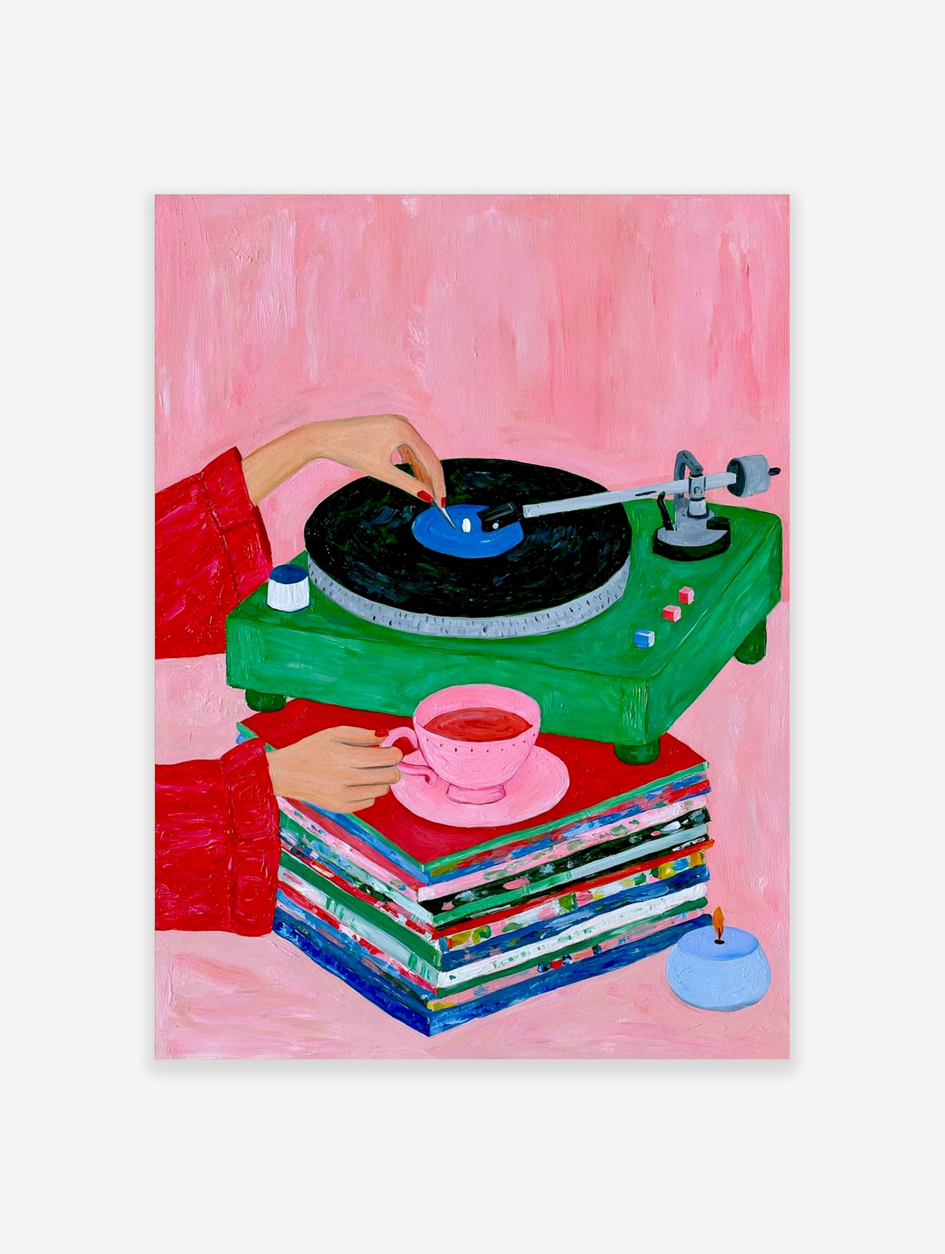 Illustration of a green vinyl record player, stacked records, and a pink teacup on a pink background