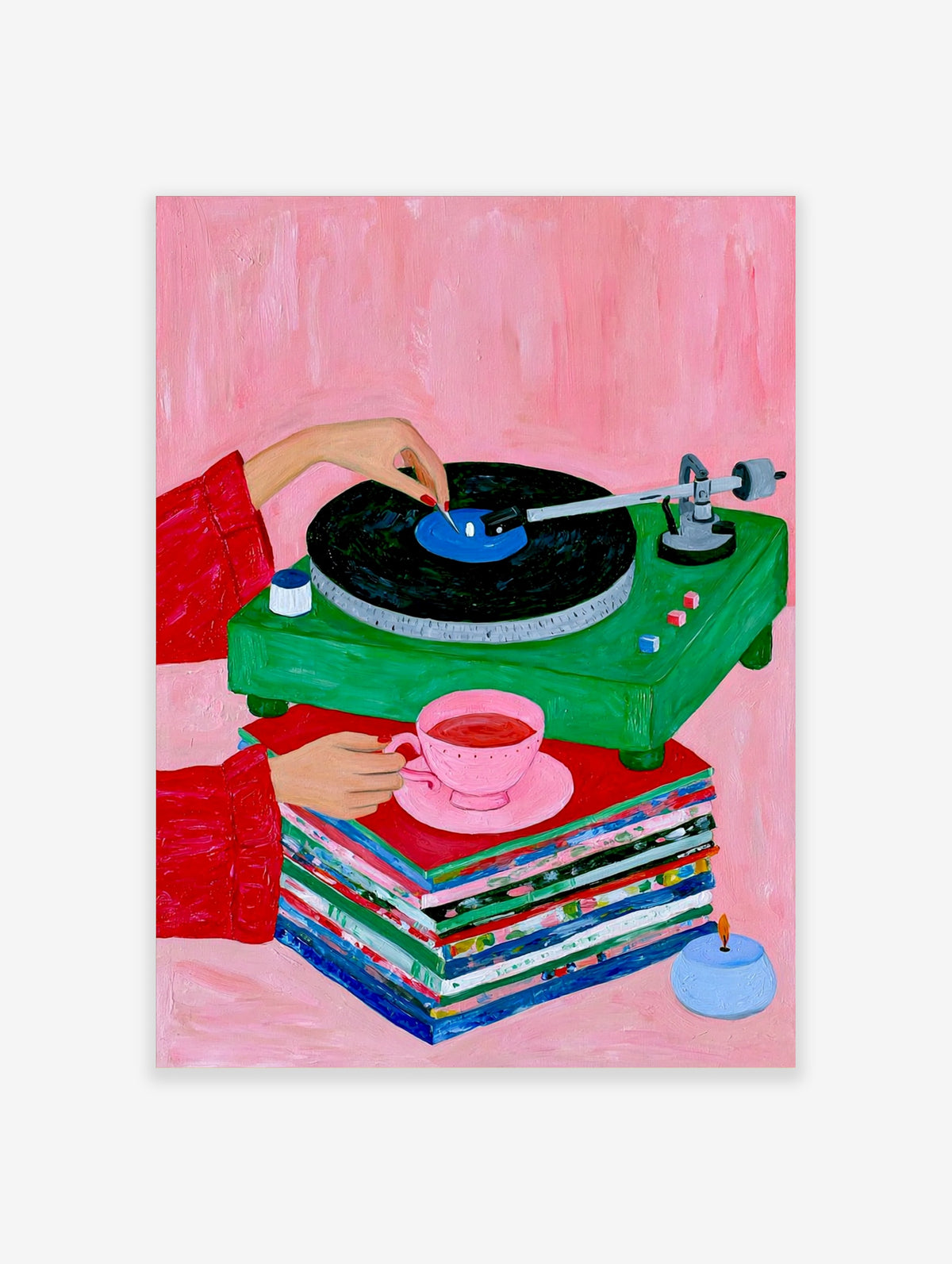 Illustration of a green vinyl record player, stacked records, and a pink teacup on a pink background