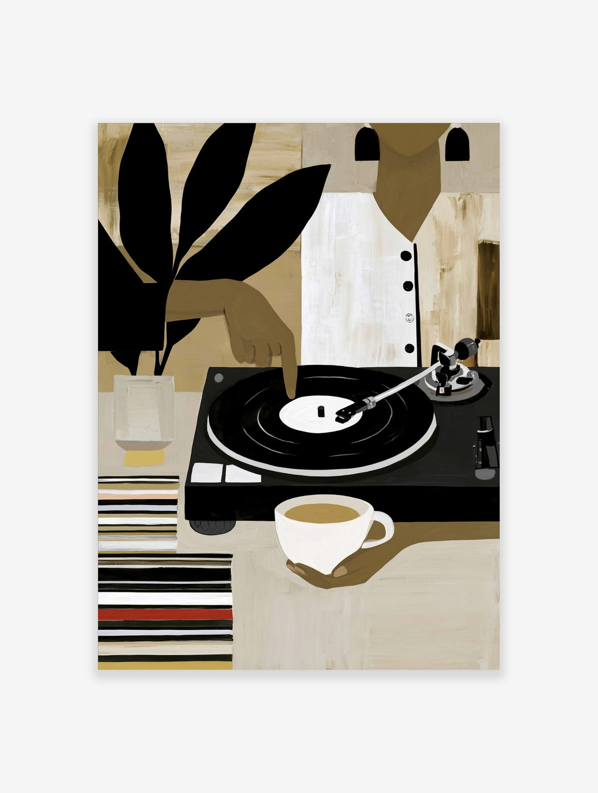 Modern illustrative wall art of a person with a vinyl record player, coffee, and plant leaves, in earthy tones