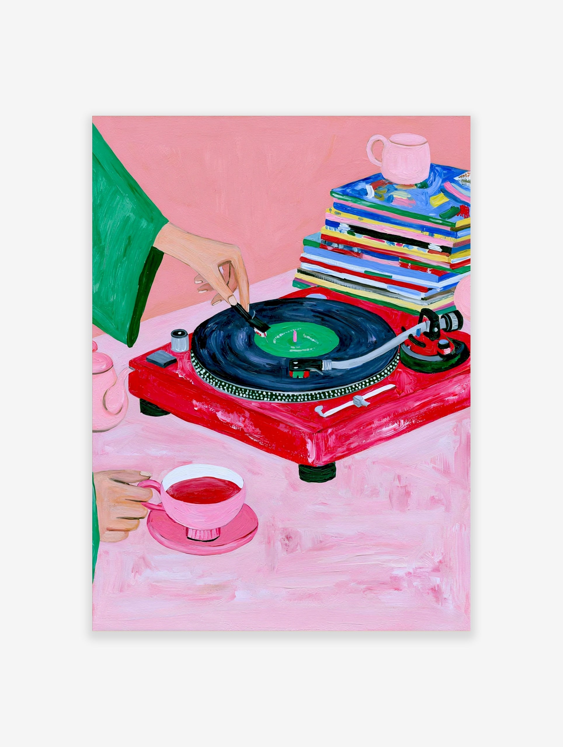 Illustrative art print of a red vinyl record player, tea set, and magazines on a pink background
