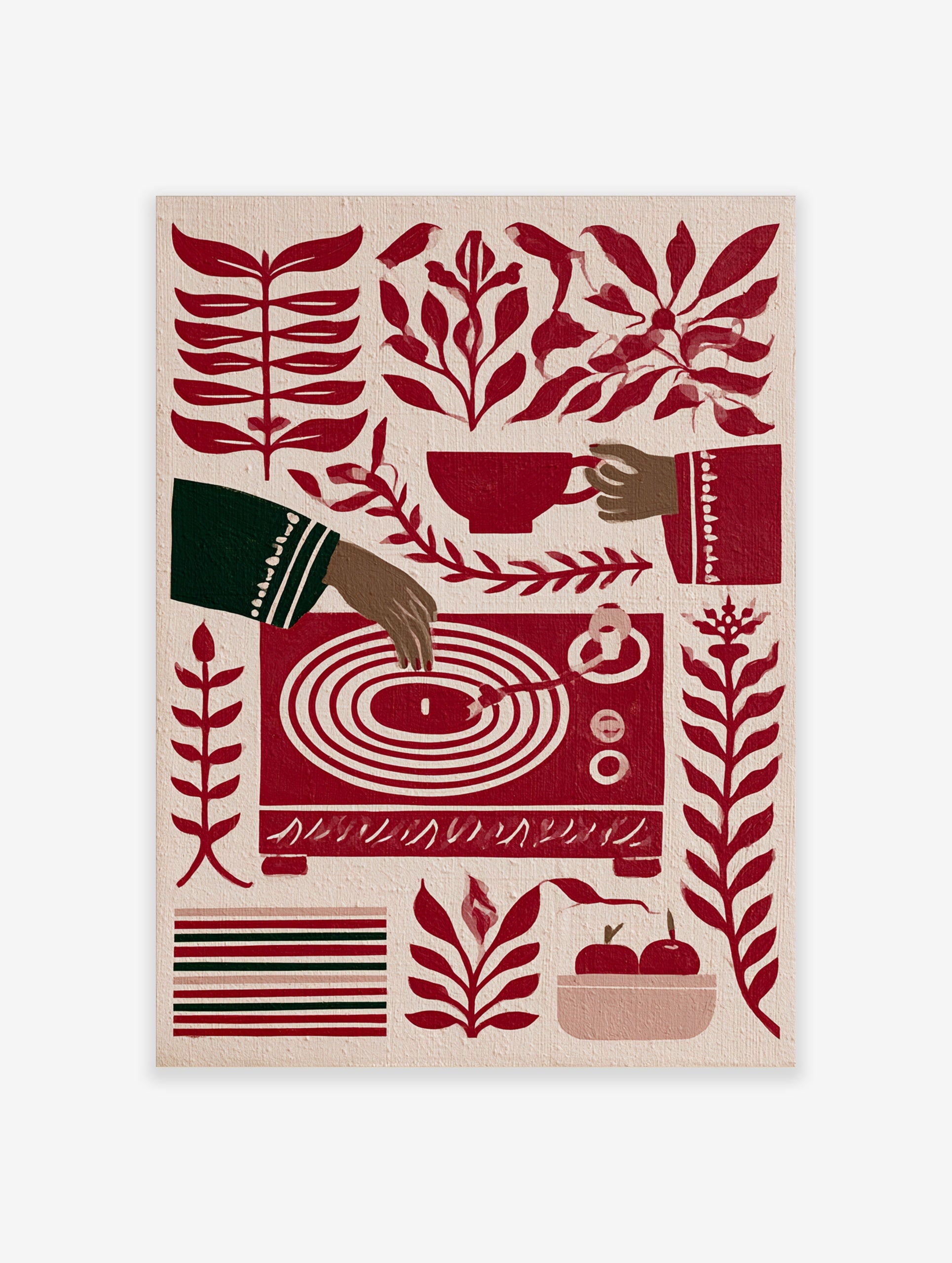 Stylised red and cream illustration of a hand playing a vinyl record, surrounded by botanical leaves and apples