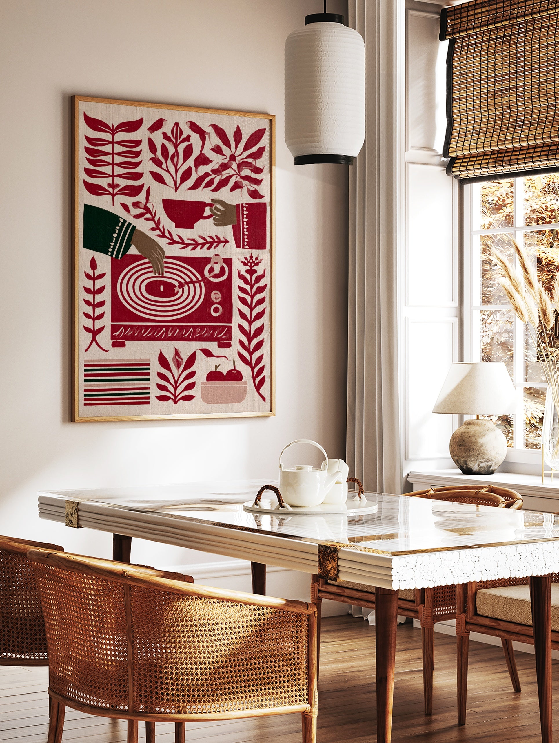 Stylised red and cream illustration of a hand playing a vinyl record, surrounded by botanical, in a styled room mockup