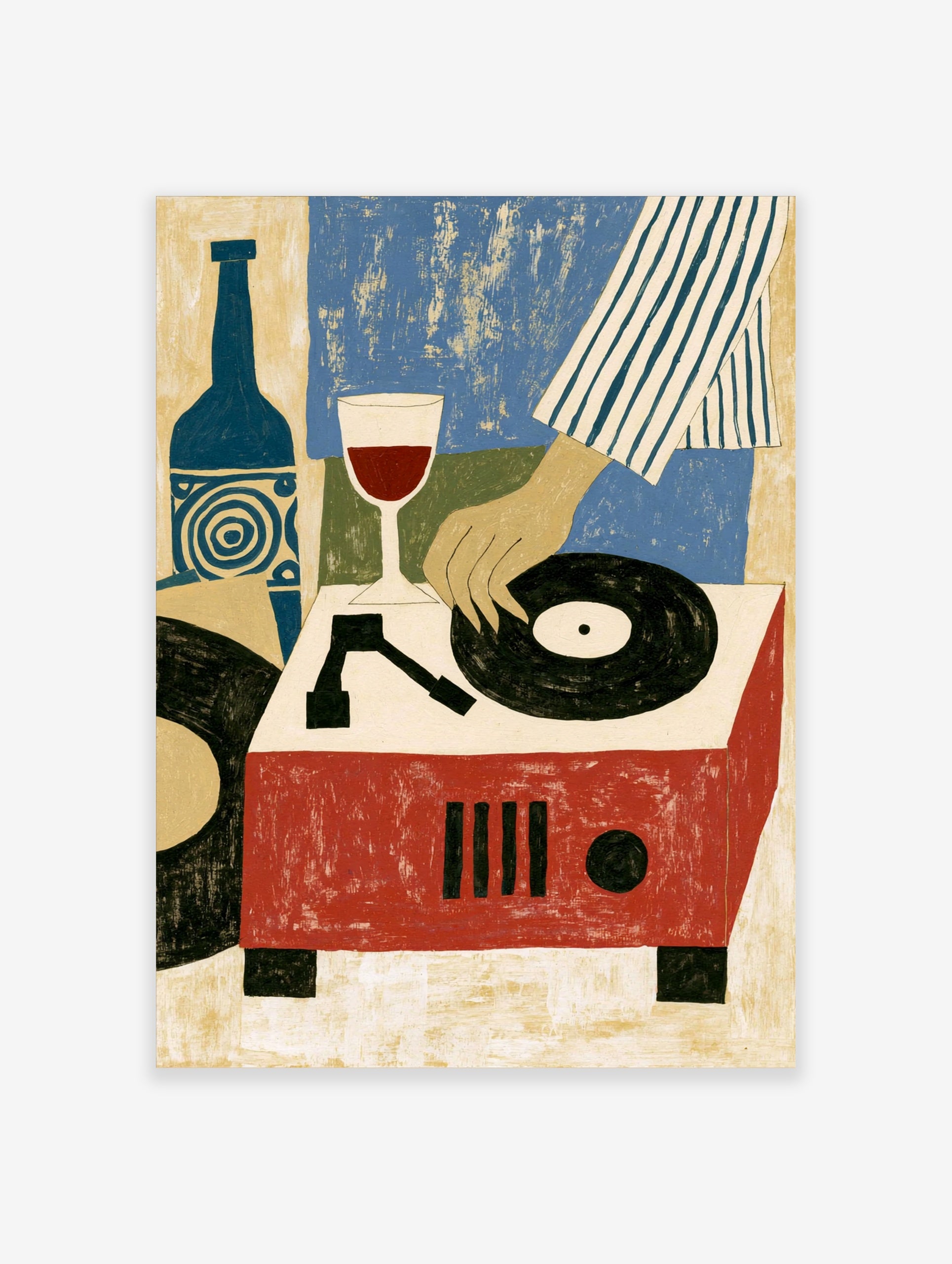 Illustrative art print of a hand playing a vinyl record on a red turntable next to a wine glass and blue bottle