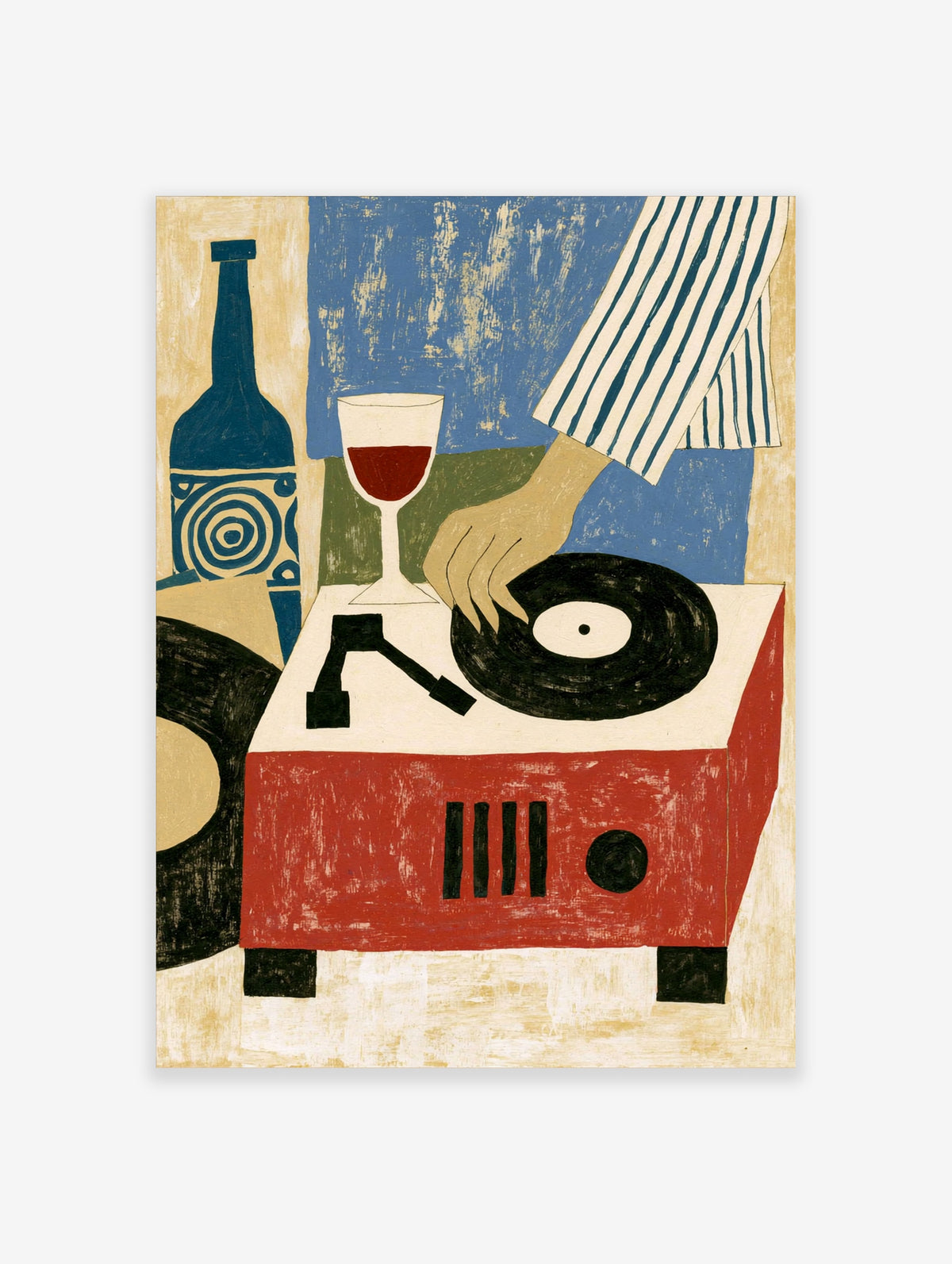 Illustrative art print of a hand playing a vinyl record on a red turntable next to a wine glass and blue bottle