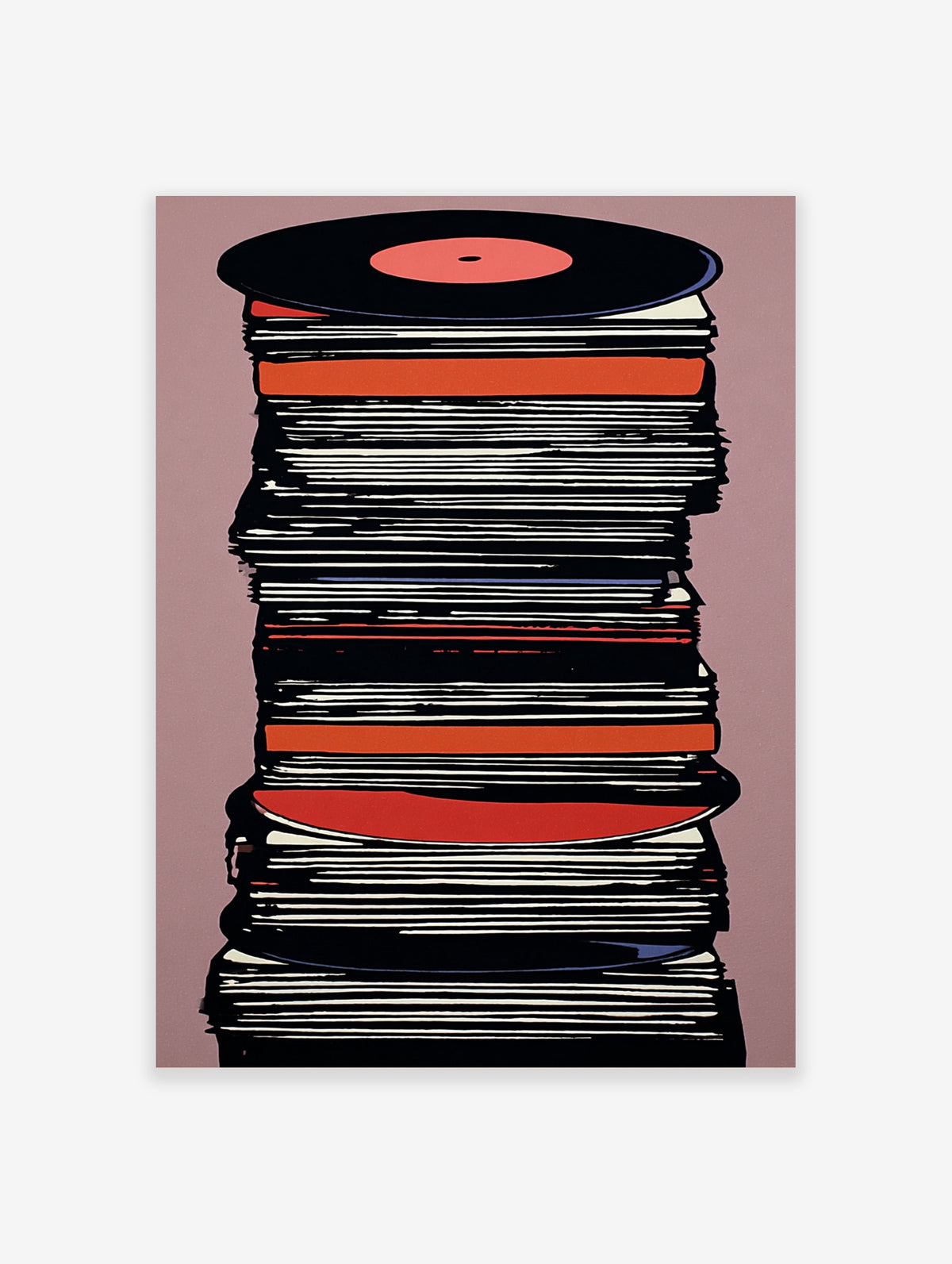 Vinyl record stack poster with orange label and black and white sleeves on mauve background