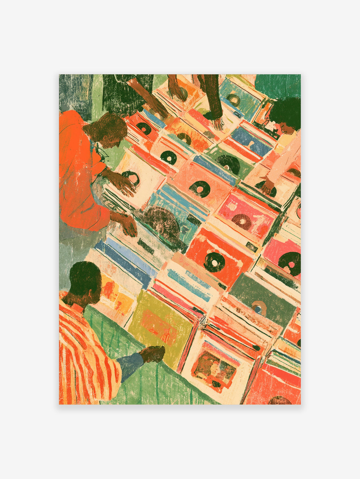 Retro illustration of customers browsing vinyl records in a colourful record shop, stacked album sleeves in red, green and