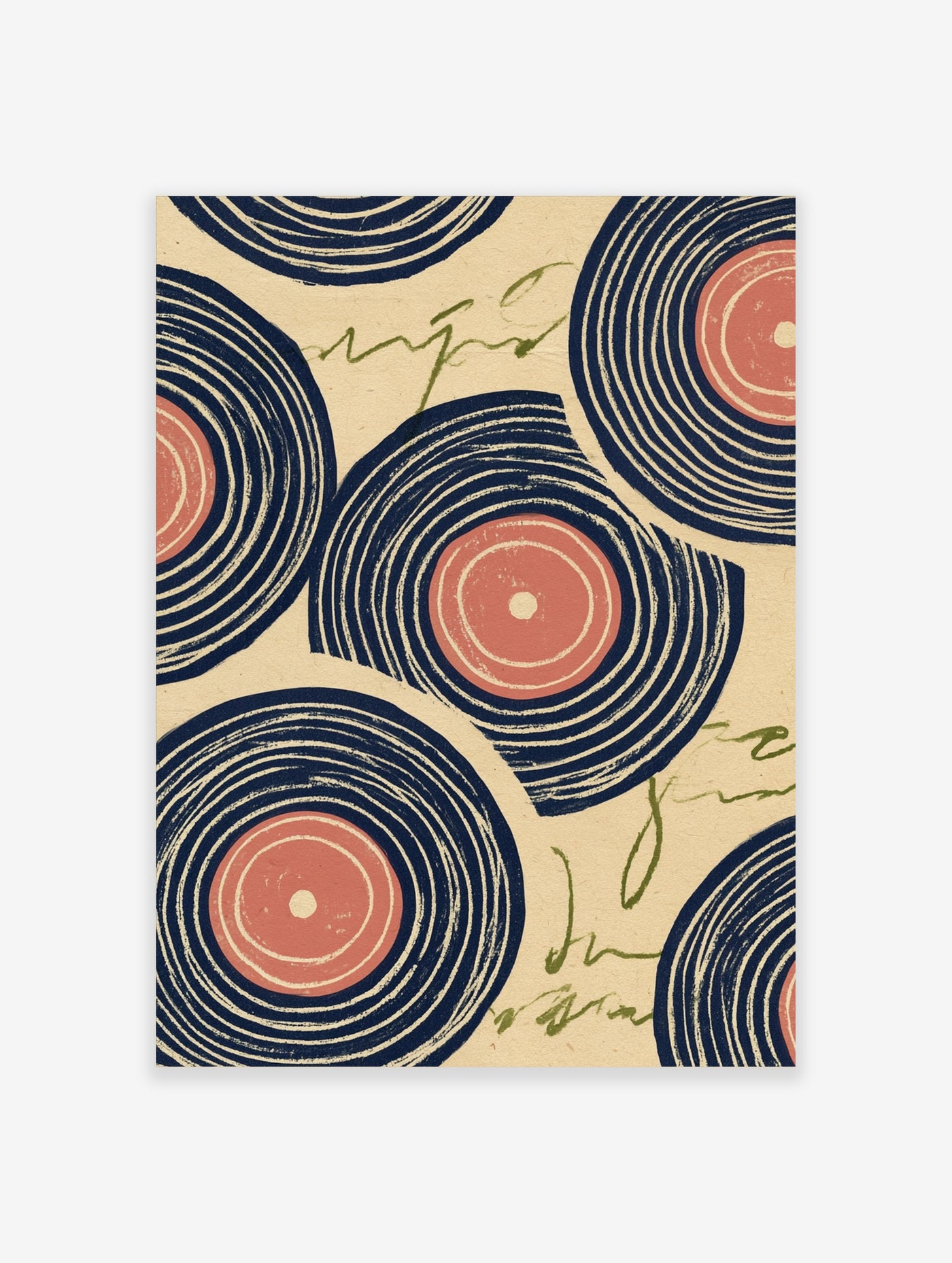 Vinyl record pattern wall art with navy blue and red concentric circles and green cursive script on a cream background