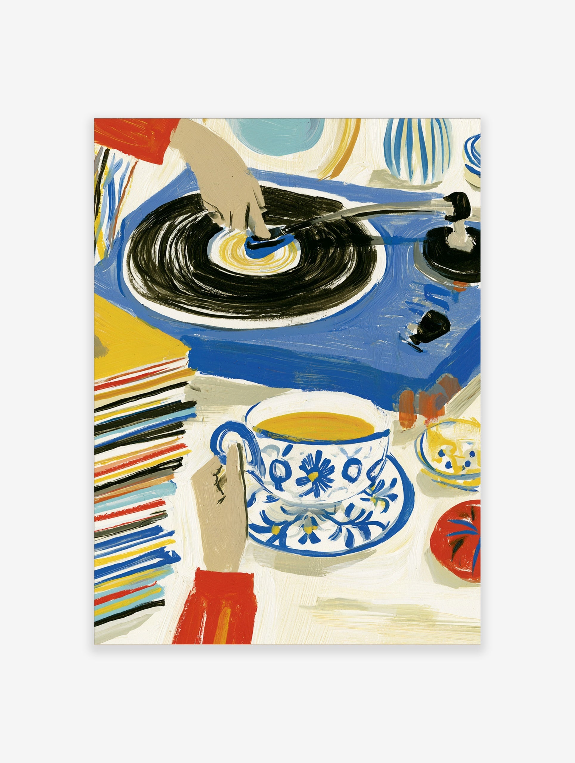 Illustrative art print of a hand on a vinyl record player with tea and a stack of records in blue, yellow, and red colours