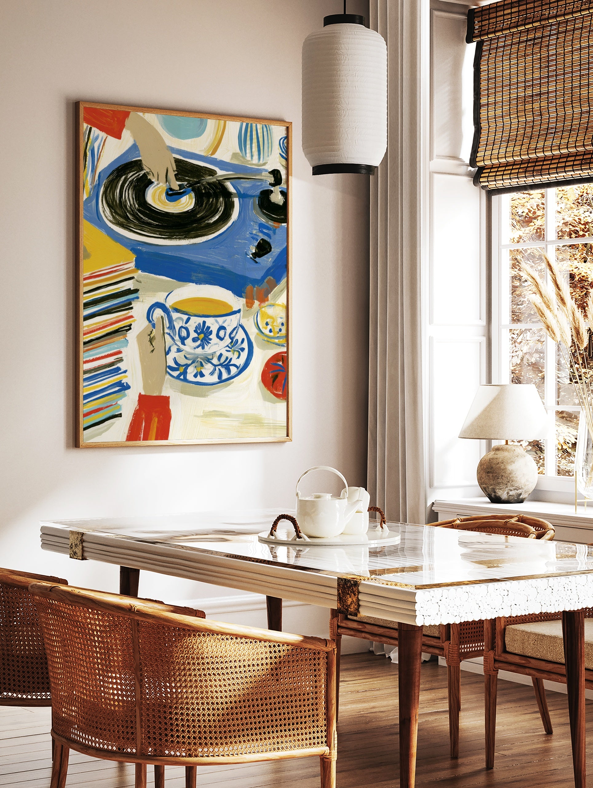 Illustrative art print of a hand on a vinyl record player with tea and a stack of records in blue, in a styled room mockup