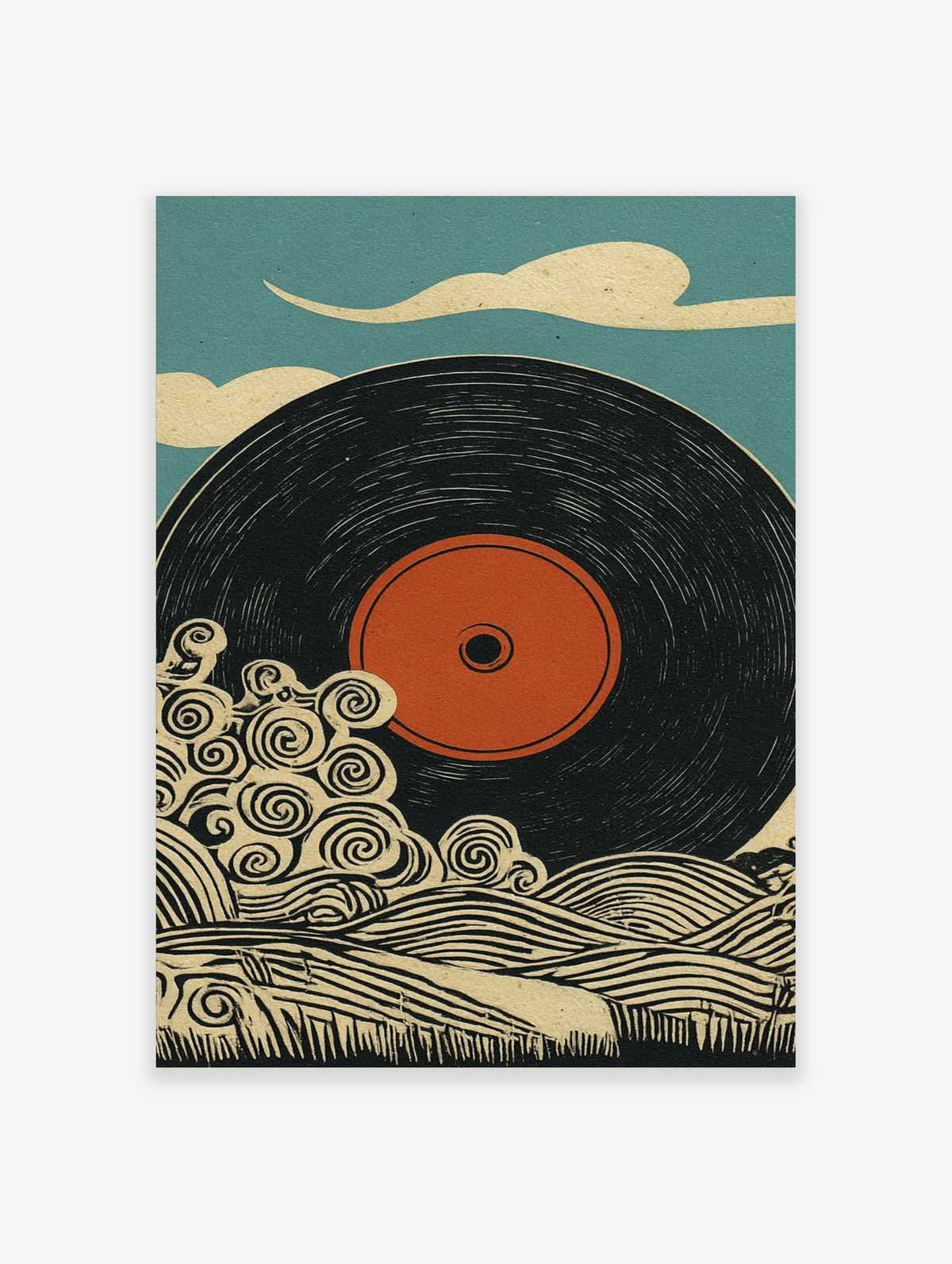 Retro vinyl record art print with orange centre label, cream clouds and teal sky