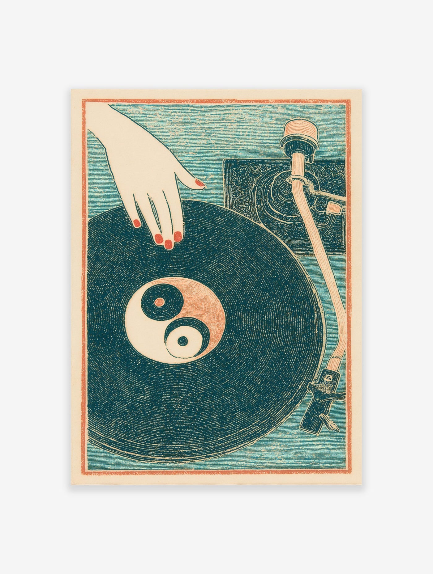 Illustrative print of a hand with red nails on a vinyl record with a Yin Yang symbol, turntable arm, teal background