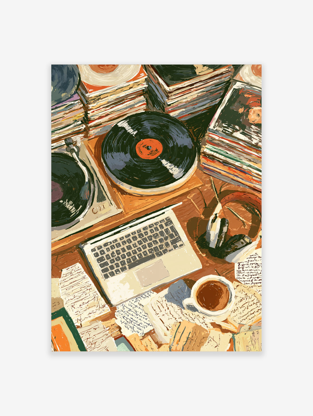Vinyl records, laptop and coffee cup on desk, retro music poster illustration