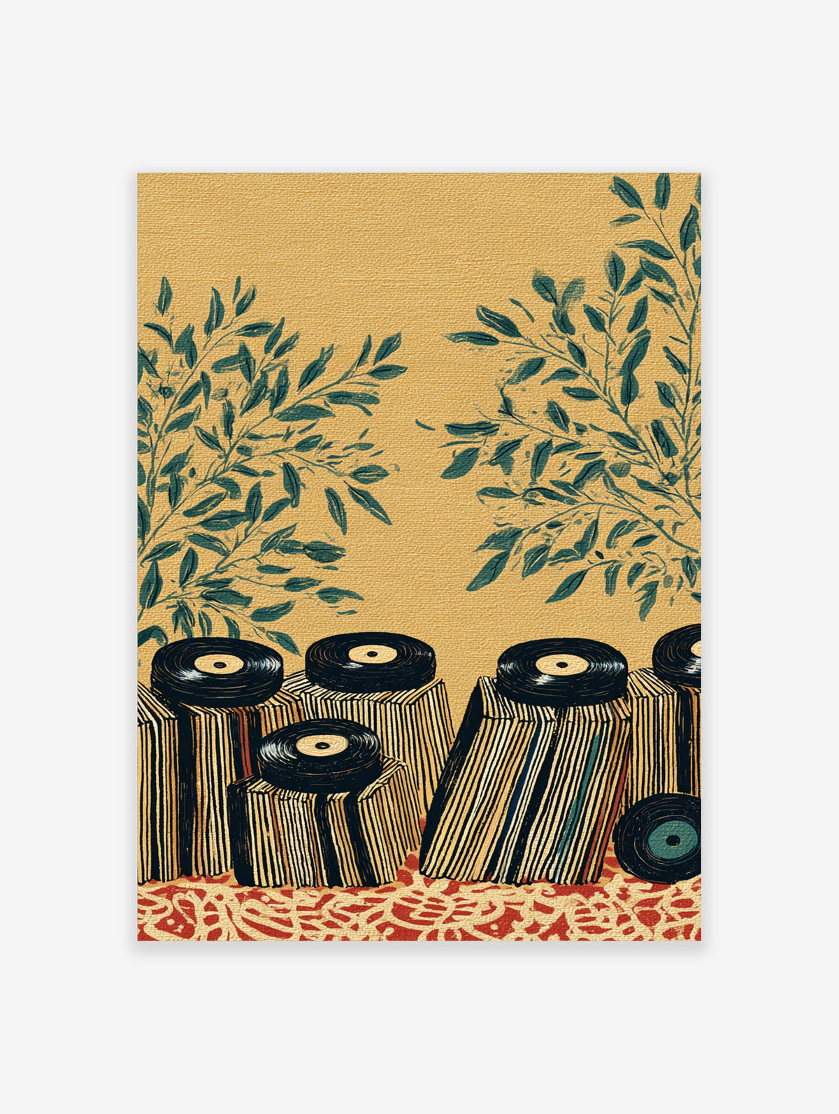 Vinyl records on striped plinths with teal leaves on mustard background art print