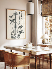 Black and white illustrative violin with four birds and Japanese calligraphy on white background, in a styled room mockup