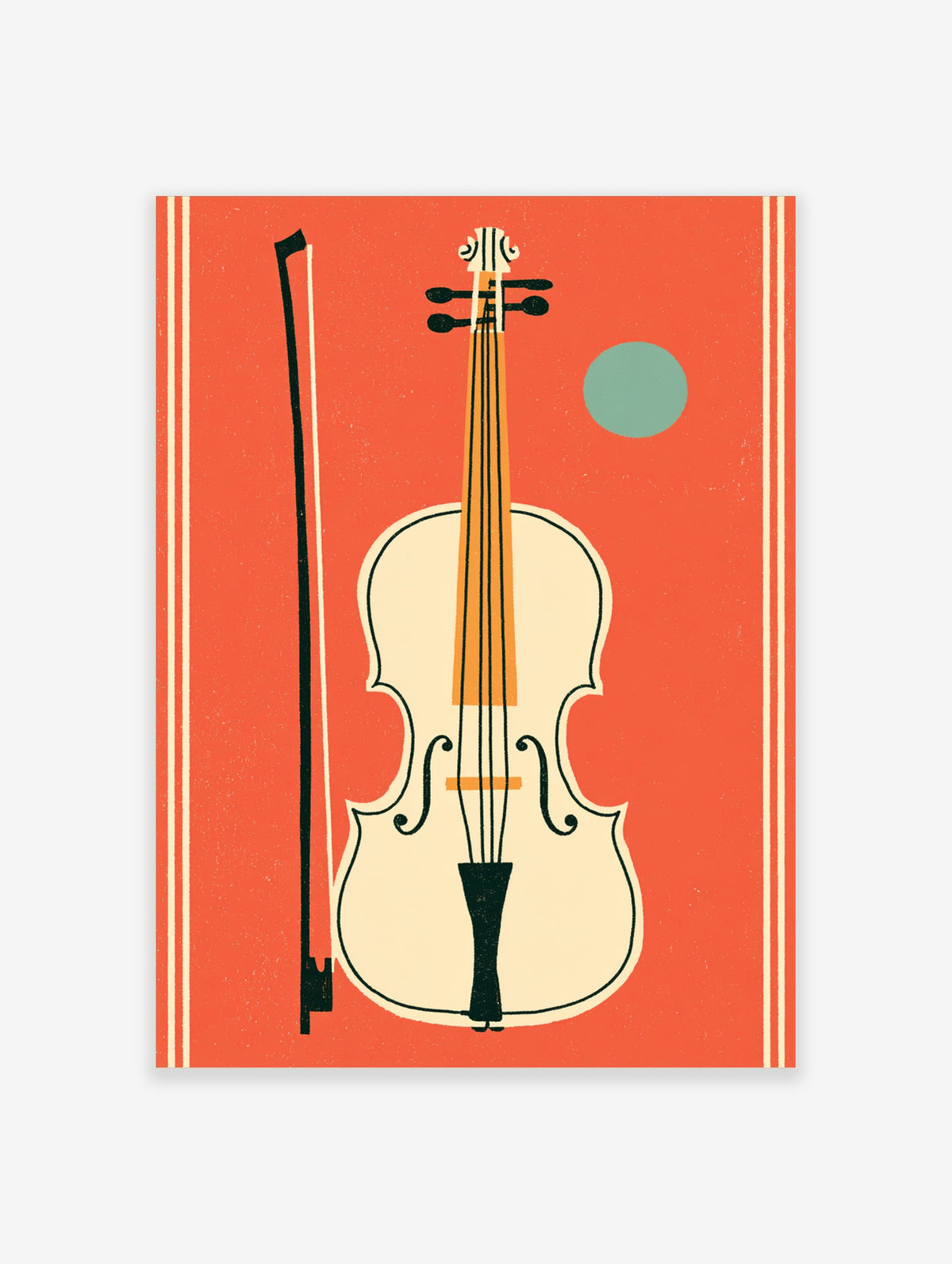 Retro violin and bow poster with cream instrument, black outlines, teal circle on orange background