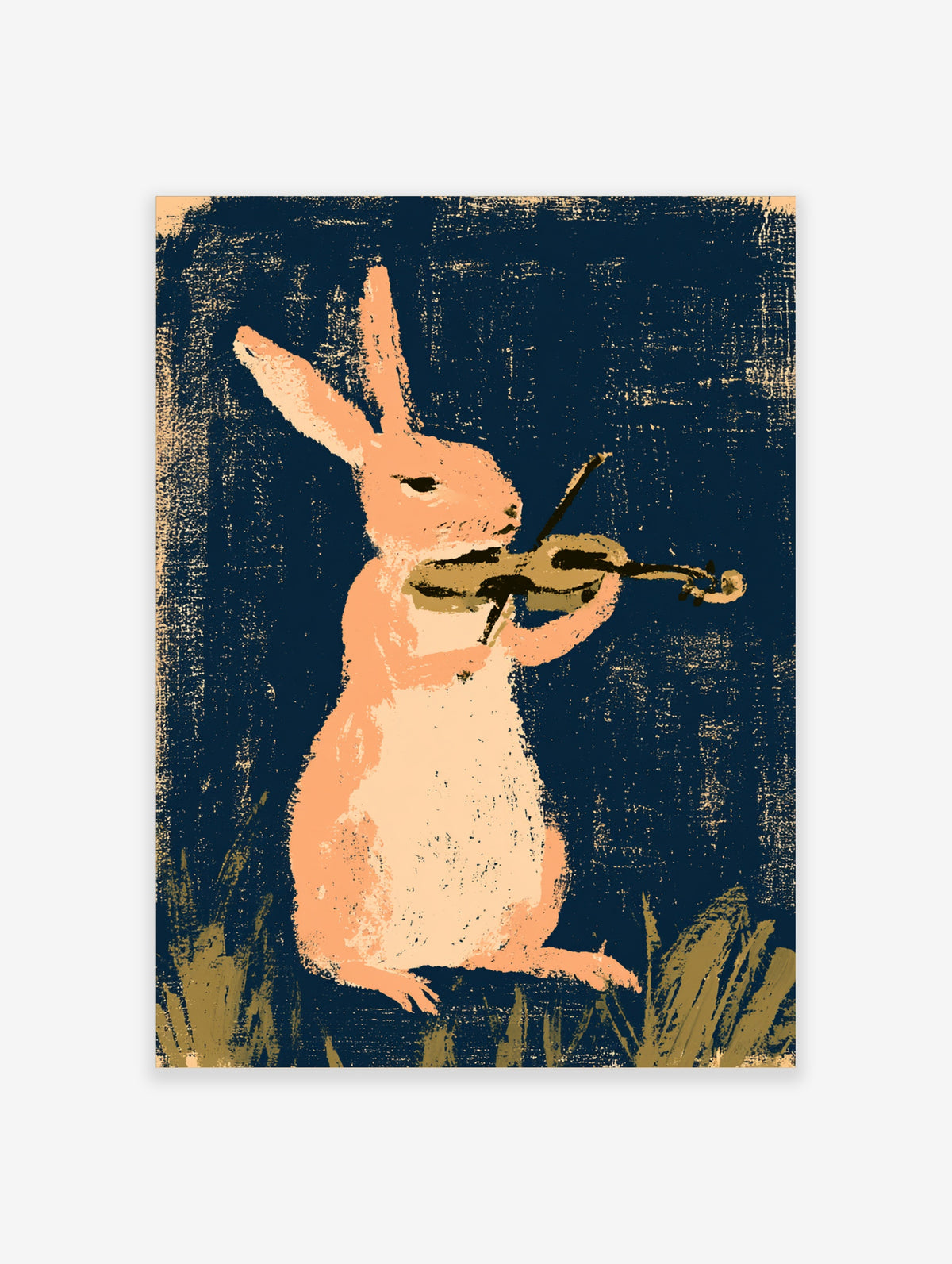 Peach rabbit playing violin animal music poster on navy blue background