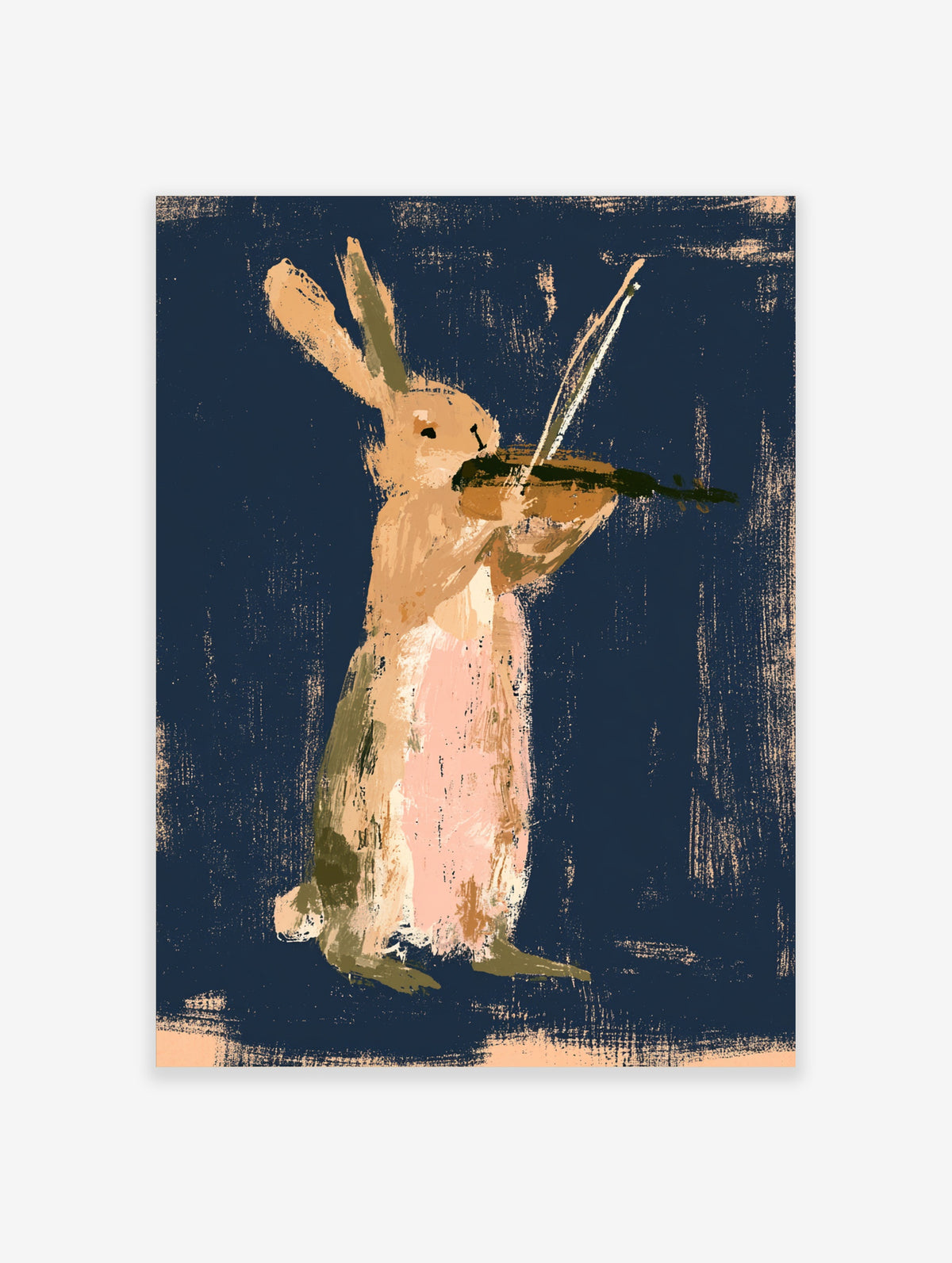 Rabbit playing violin animal art print on navy blue background